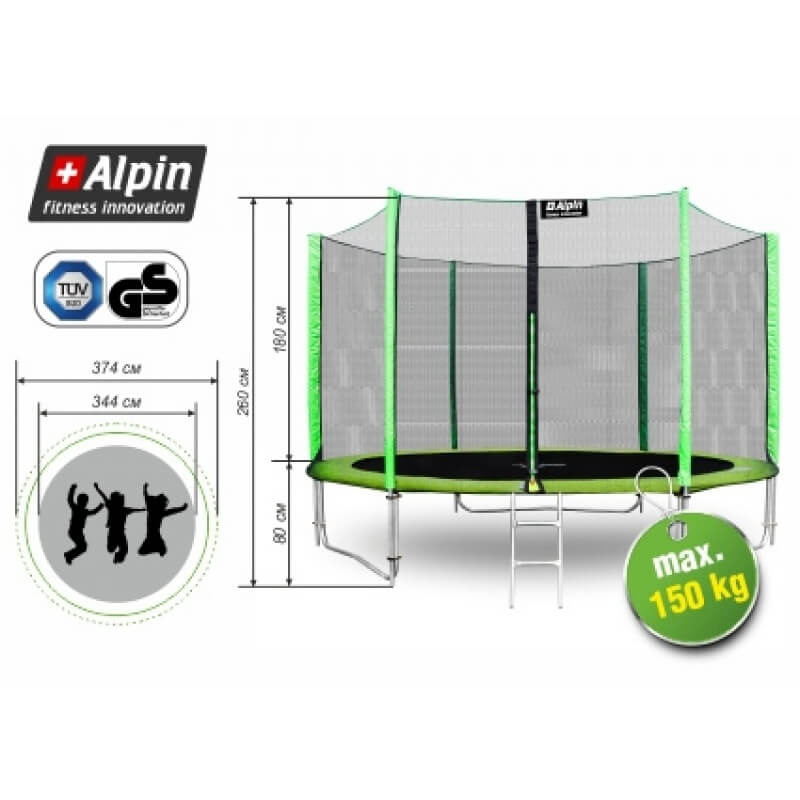 Батут "Alpin" (12ft) с внешней сеткой и лестницей (усиленные опоры). Диаметр - 374 см. Нагрузка - 150 кг.