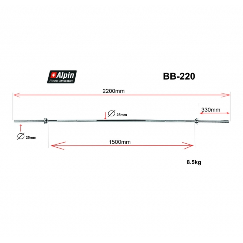 Гриф для штанги Alpin BB-220, диаметр 25мм, длина 220см