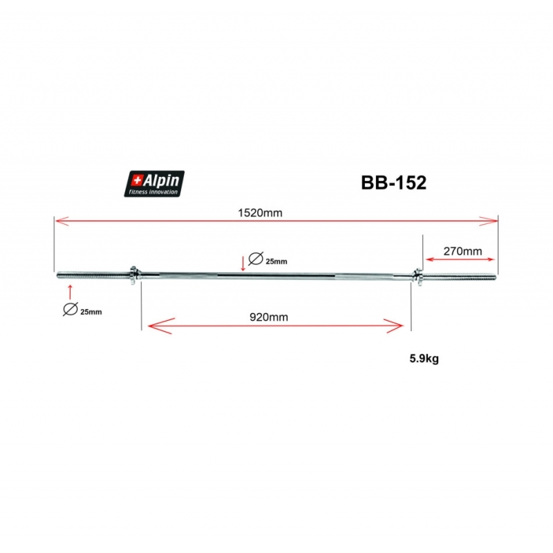 Гриф для штанги Alpin BB-152, диаметр 25мм, длина 152см