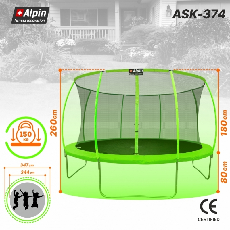 Батут "Alpin SKY Carbon" (12ft) с внутренней сеткой и лестницей (4 ноги). Диаметр - 374 см. Нагрузка - 150 кг.