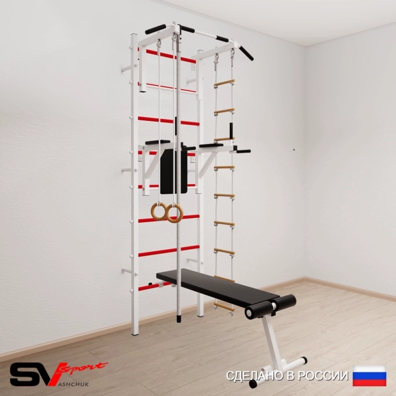 Шведская стенка Sv Sport усиленная 606 (Турник стандарт/Брусья/Скамья/Канат/Кольца/Лестница)