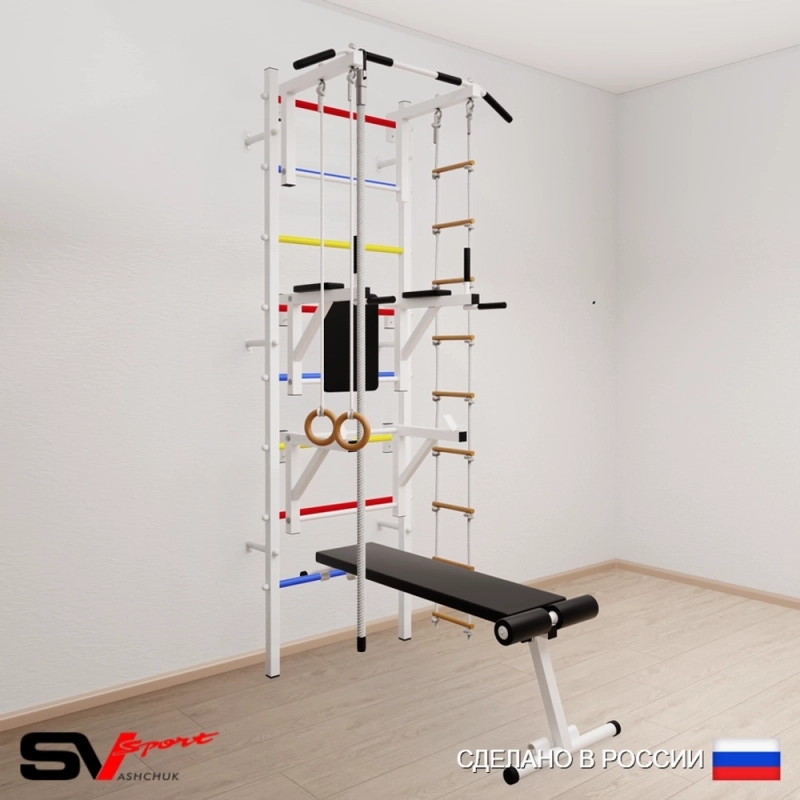 Шведская стенка Sv Sport усиленная 608 (Турник стандарт/Брусья/Стойка/Скамья/Канат/Кольца/Лестница)