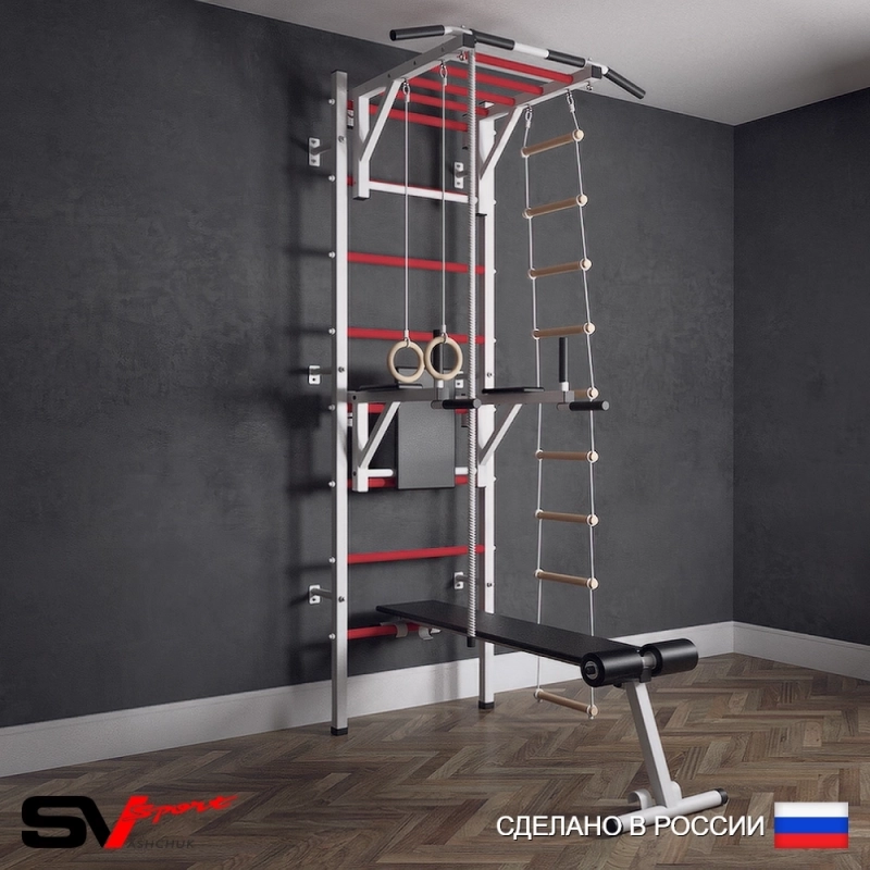 Шведская стенка Sv Sport усиленная 625 (Турник рукоход/Брусья/Скамья/Канат/Кольца/Лестница)