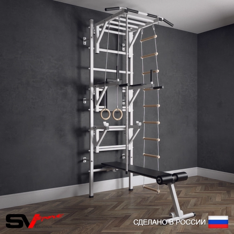 Шведская стенка Sv Sport 527 (Турник рукоход/Брусья/Стойка/Скамья/Канат/Кольца/Лестница)