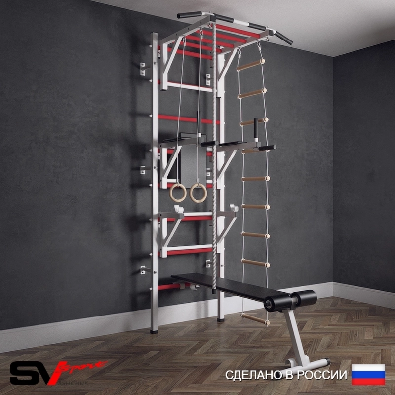Шведская стенка Sv Sport 527 (Турник рукоход/Брусья/Стойка/Скамья/Канат/Кольца/Лестница)
