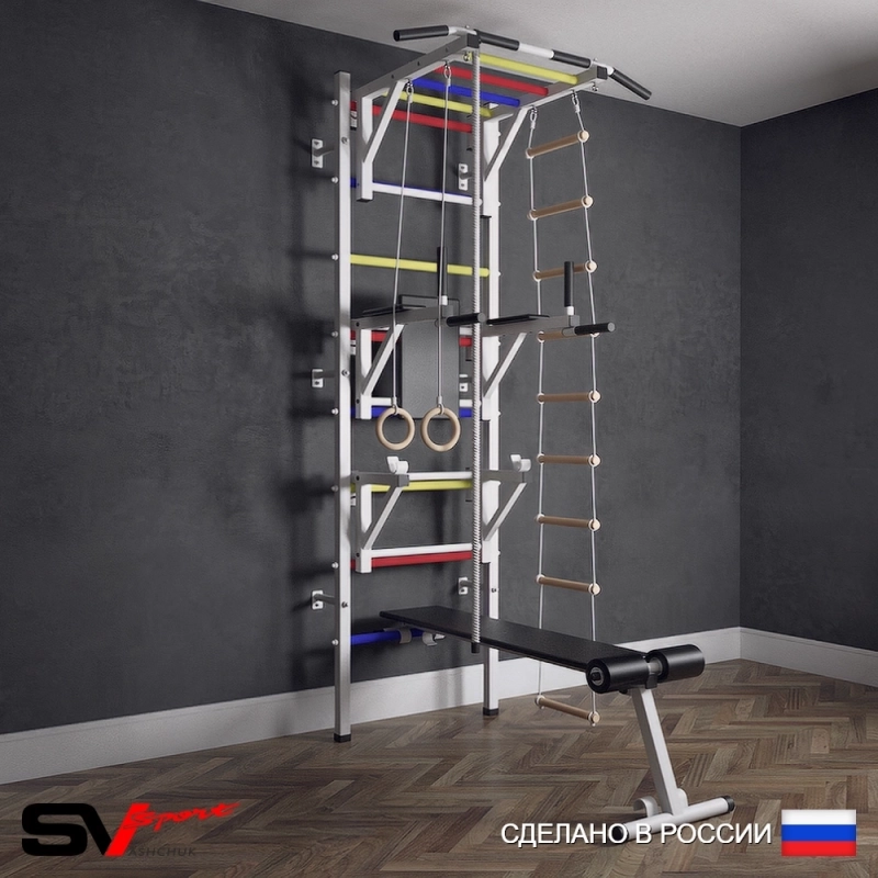 Шведская стенка Sv Sport усиленная 627 (Турник рукоход/Брусья/Стойка/Скамья/Канат/Кольца/Лестница)