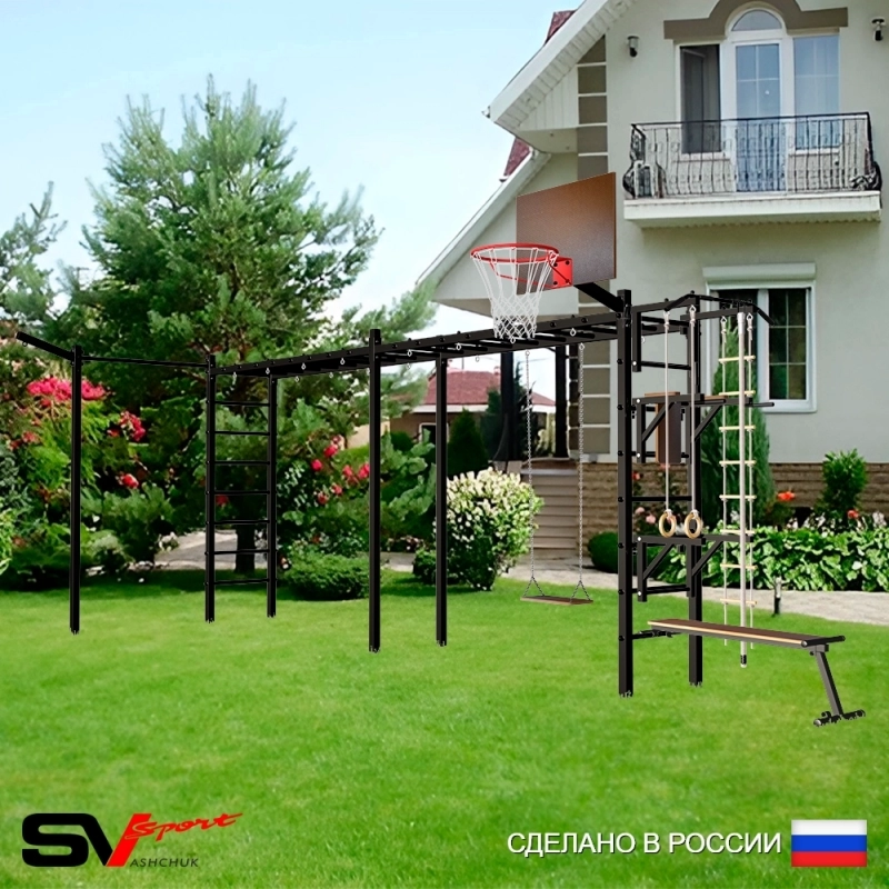 Уличная шведская стенка Sv Sport РУКОХОД двойной + турник + брусья + скамья + стойка под штангу + турник прямой + детское навесное + качели деревянные + кронштейн + щит баскет. (У53633К)