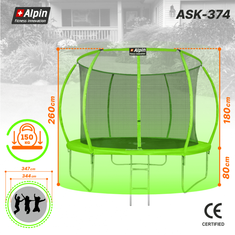 Батут "Alpin SKY Carbon" (12ft) с внутренней сеткой и лестницей (4 ноги). Диаметр - 374 см. Нагрузка - 150 кг.