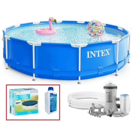 Набор!!! Каркасный бассейн Intex 366х76см с фильтр-насосом 2000 л/ч, с тентом и альгитинн, арт. 28212 в наборе