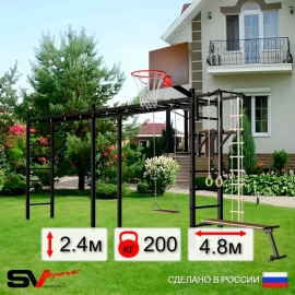Уличная шведская стенка Sv Sport РУКОХОД двойной + турник + брусья + детское навесное + скамья + качели деревянные + щит баскет. (У53400К)