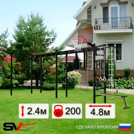 Уличная шведская стенка Sv Sport РУКОХОД двойной + турник + брусья + скамья + стойка под штангу + турник прямой + детское навесное + качели деревянные + кронштейн + щит баскет. (У53633К)