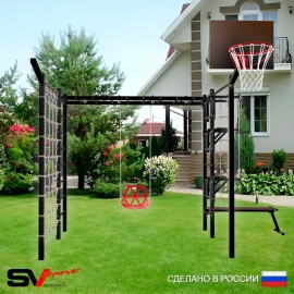 Уличная шведская стенка Sv Sport РУКОХОД + турник + брусья + скамья + стойка под штангу + качели со спинкой + детское навесное + щит баскет. + турник прямой + сетка + кронштейн (У5447К)