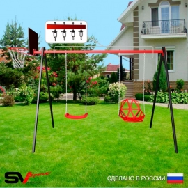 Уличные качели Sv Sport рама 3.0м + качели пластиковые со спинкой + качели Лодочка + щит баскет. + подвесы 2пары (УК169К)