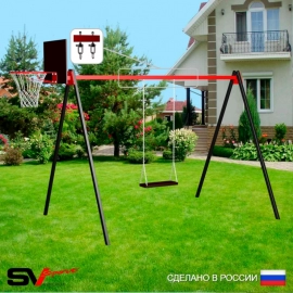 Уличные качели Sv Sport рама 3.0м + качель деревянная + щит баскет. + подвесы 1пара (УК170К)