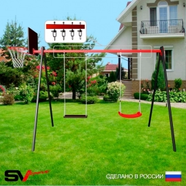 Уличные качели Sv Sport рама 3.0м + качель деревянная + качели Лодочка + щит баскет. + подвесы 2пары (УК175К)