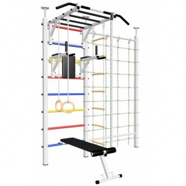 Шведская стенка враспор, без крепления к стене, с турником рукоходом, брусьями, скамьёй, канатным лазом и детское навесное (SV Sport враспор ТрукБСДК)