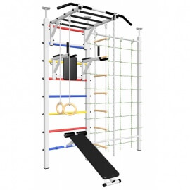 Шведская стенка враспор, без крепления к стене, с турником рукоходом, брусьями, скамьёй, канатным лазом и детское навесное (SV Sport враспор ТрукБСДК)