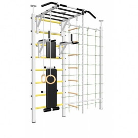 Шведская стенка враспор, без крепления к стене, с турником рукоходом, брусьями, скамьёй, канатным лазом и детское навесное (SV Sport враспор ТрукБСДК)