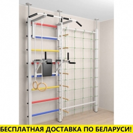 Шведская стенка враспор, без крепления к стене, с турником стандарт, брусьями, канатным лазом и детское навесное (SV Sport 710)