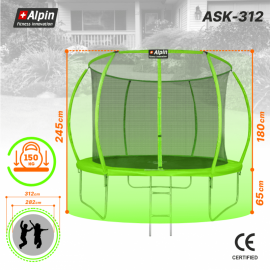 Батут "Alpin SKY ASK" (10ft) с внутренней сеткой и лестницей. Диаметр - 312 см. Нагрузка - 150 кг.