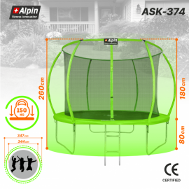 Батут "Alpin SKY Carbon" (12ft) с внутренней сеткой и лестницей (4 ноги). Диаметр - 374 см. Нагрузка - 150 кг.