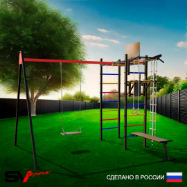 Уличный спортивно-игровой комплекс Sv Sport + качель деревянная + турник + брусья + скамья + детское навесное + щит баскет. + кронштейн + подвесы 1пара (У3184К)