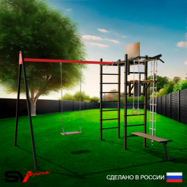 Уличный спортивно-игровой комплекс Sv Sport + качель деревянная + турник + брусья + скамья + детское навесное + щит баскет. + кронштейн + подвесы 1пара (У3184К)