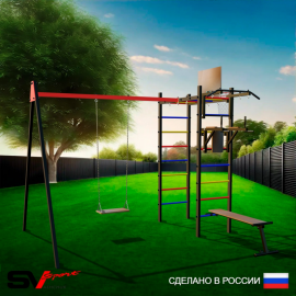 Уличный спортивно-игровой комплекс Sv Sport + качель деревянная + турник + брусья + скамья + шит баскет. + подвесы 1пара (У3054К)