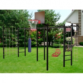 Уличная шведская стенка Sv Sport рукоход х 2 с комплектом турник прямой 2шт У54066К (Турник/Брусья/Со спинкой/Щит баскет/Канат/кольца/лестница/Сетка) + Мешок бокс. 30кг с цепью 40см